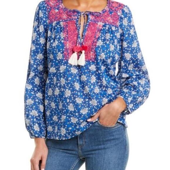 J. Crew Womens Embroidered Peasant Top XS Blue Pink V Neck Tasseled Cotton - Picture 1 of 11